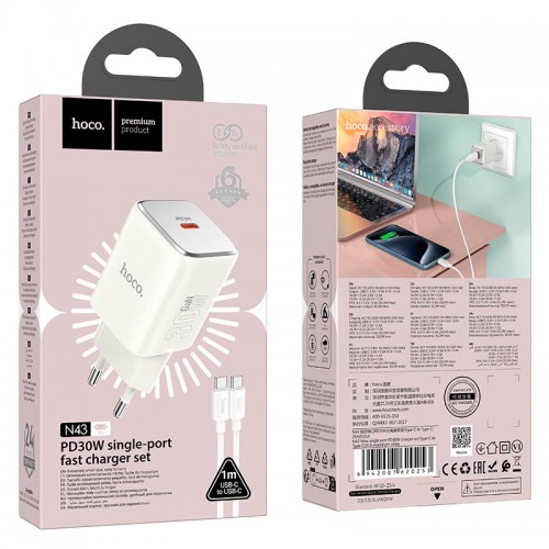 Адаптер сетевой HOCO Type-C to Type-C cable Vista single port charger N43 |Type-C, QC/PD, 30W/3A|