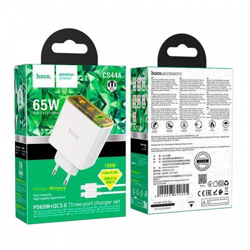 Адаптер мережевий HOCO Type-C to Type-C Cable Smart charger CS44A |2Type-C/1USB, QC/PD, 65W/3A| black