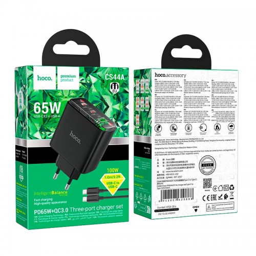 Адаптер мережевий HOCO Type-C to Type-C Cable Smart charger CS44A |2Type-C/1USB, QC/PD, 65W/3A| black
