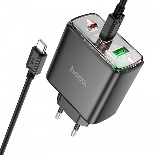 Адаптер мережевий HOCO Type-C to Type-C Cable Smart charger CS44A |2Type-C/1USB, QC/PD, 65W/3A| black