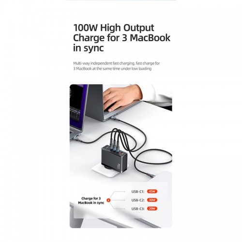 Адаптер мережевий USAMS T50 100w 4 Ports Gan Fast Charger US-CC163 |1USB/3Type-C, 100W/5A, PD/Q| black