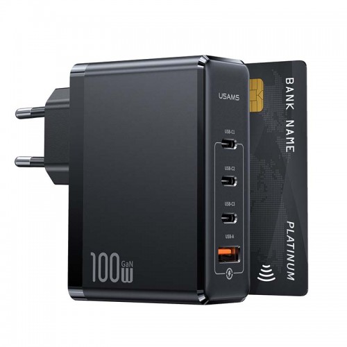 Адаптер мережевий USAMS T50 100w 4 Ports Gan Fast Charger US-CC163 |1USB/3Type-C, 100W/5A, PD/Q| black