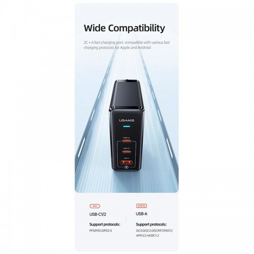 Адаптер мережевий USAMS US-UM Fast Charger Kit GaN Type-C to Type-C Cable 240W PD3.1 T52 US-CC168 |1USB/2Type-C, 140W/5A, PD/QC| black