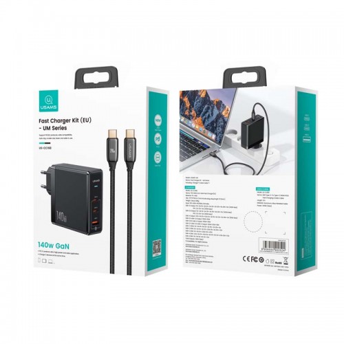 Адаптер мережевий USAMS US-UM Fast Charger Kit GaN Type-C to Type-C Cable 240W PD3.1 T52 US-CC168 |1USB/2Type-C, 140W/5A, PD/QC| black
