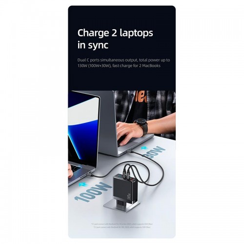 Адаптер мережевий USAMS US-UM Fast Charger Kit GaN Type-C to Type-C Cable 240W PD3.1 T52 US-CC168 |1USB/2Type-C, 140W/5A, PD/QC| black