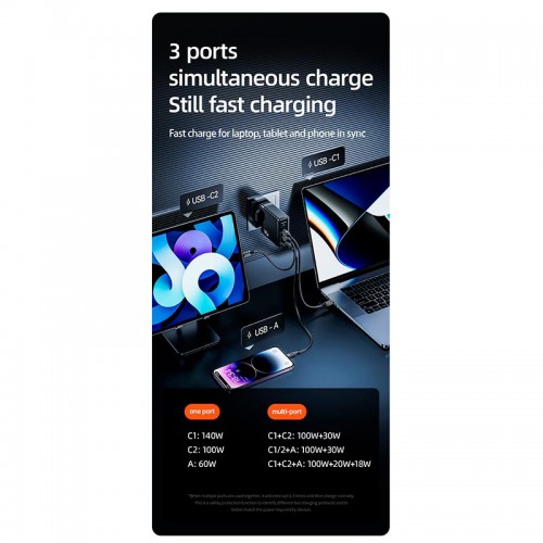 Адаптер мережевий USAMS US-UM Fast Charger Kit GaN Type-C to Type-C Cable 240W PD3.1 T52 US-CC168 |1USB/2Type-C, 140W/5A, PD/QC| black