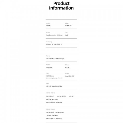 Адаптер мережевий USAMS US-UM Fast Charger Kit GaN Type-C to Type-C Cable 240W PD3.1 T52 US-CC168 |1USB/2Type-C, 140W/5A, PD/QC| black