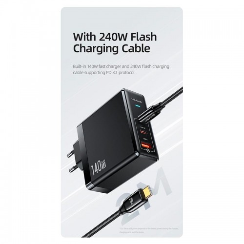 Адаптер мережевий USAMS US-UM Fast Charger Kit GaN Type-C to Type-C Cable 240W PD3.1 T52 US-CC168 |1USB/2Type-C, 140W/5A, PD/QC| black