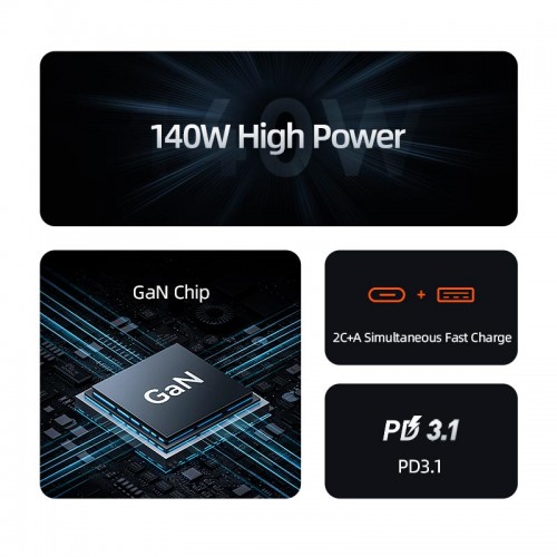 Адаптер мережевий USAMS US-UM Fast Charger Kit GaN Type-C to Type-C Cable 240W PD3.1 T52 US-CC168 |1USB/2Type-C, 140W/5A, PD/QC| black