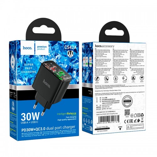 Адаптер мережевий Hoco Smart charger CS42A |1Type-C/1USB, 30W/3A, PD/QC| black