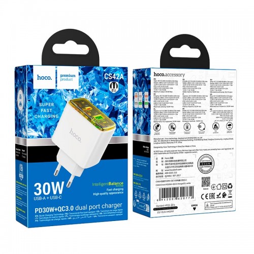 Адаптер мережевий Hoco Smart charger CS42A |1Type-C/1USB, 30W/3A, PD/QC| black