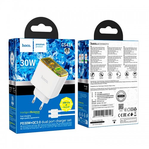 Адаптер мережевий Hoco Smart charger Type-C to Lightning Cable set CS42A |1Type-C/1USB, 30W/3A, PD/QC| black