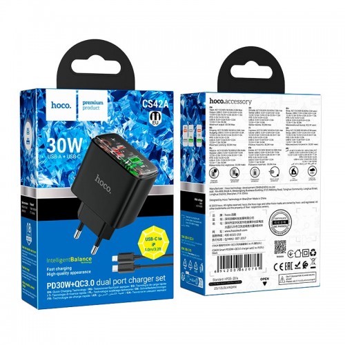 Адаптер мережевий Hoco Smart charger Type-C to Lightning Cable set CS42A |1Type-C/1USB, 30W/3A, PD/QC| black