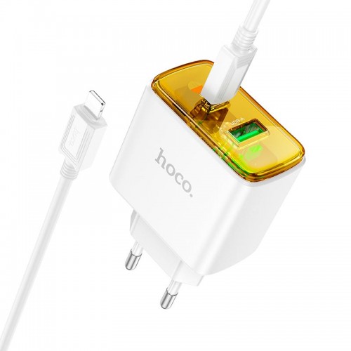 Адаптер мережевий Hoco Smart charger Type-C to Lightning Cable set CS42A |1Type-C/1USB, 30W/3A, PD/QC| white