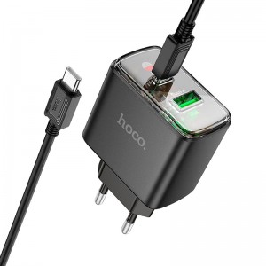 Адаптер мережевий Hoco Smart charger Type-C to Type-C Cable set CS42A |1Type-C/1USB, 30W/3A, PD/QC| black