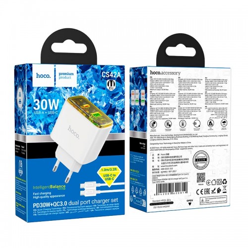 Адаптер мережевий Hoco Smart charger Type-C to Type-C Cable set CS42A |1Type-C/1USB, 30W/3A, PD/QC| white