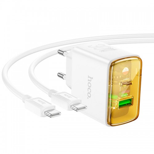 Адаптер мережевий Hoco Smart charger Type-C to Type-C Cable set CS42A |1Type-C/1USB, 30W/3A, PD/QC| white