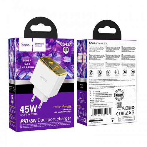 Адаптер мережевий Hoco Smart charger CS43A |2Type-C, 45W/3A, PD/QC| white