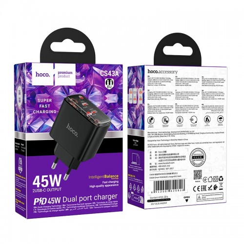 Адаптер мережевий Hoco Smart charger CS43A |2Type-C, 45W/3A, PD/QC| white