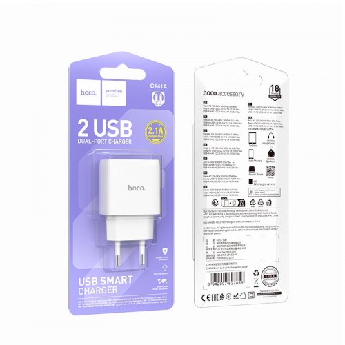 Адаптер мережевий Hoco Smart dual-port charger C141A |2USB. 2.1A/10.5W| black