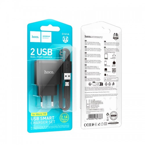 Адаптер мережевий Hoco Micro USB Cable Smart dual-port charger C141A |2USB. 2.1A/10.5W| black