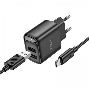 Адаптер мережевий HOCO Type-C Cable Cable Smart Dual-port charger C141A |2USB. 2.1A/10.5W| black