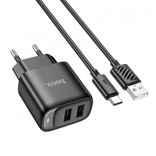 Адаптер мережевий HOCO Type-C Cable Cable Smart Dual-port charger C141A |2USB. 2.1A/10.5W| black