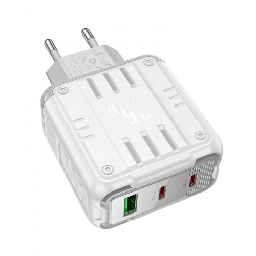 Адаптер мережевий Hoco Rock charger C139A |2Type-C/1USB, 65W/3A, PD/QC| white