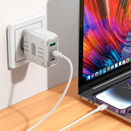 Адаптер мережевий Hoco Rock charger C139A |2Type-C/1USB, 65W/3A, PD/QC| white