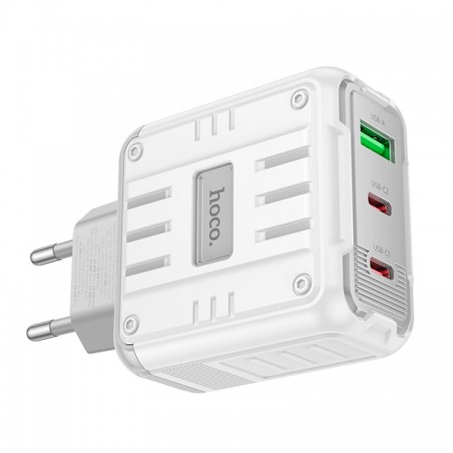 Адаптер мережевий Hoco Rock charger C139A |2Type-C/1USB, 65W/3A, PD/QC| white