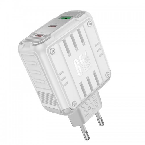 Адаптер мережевий Hoco Rock charger C139A |2Type-C/1USB, 65W/3A, PD/QC| white