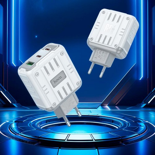 Адаптер мережевий Hoco Rock charger C139A |2Type-C/1USB, 65W/3A, PD/QC| white