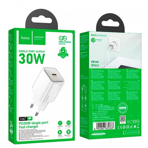 Адаптер мережевий HOCO Glorious single port charger N47 |Type-C, 30W, PD| white