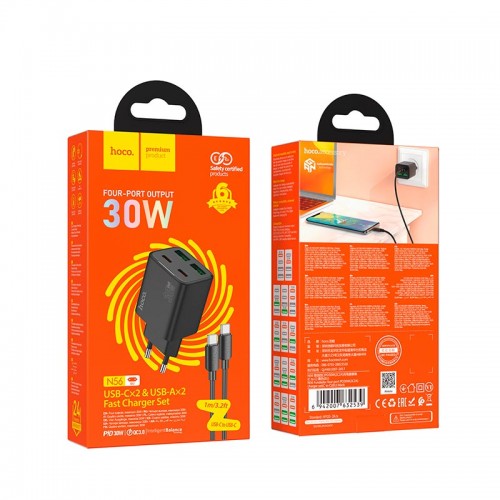 Адаптер мережевий HOCO Type-C to Type-C Cable Fundador four-port charger set N56 |2USB/2Type-C, 30W/3A, PD/QC| black