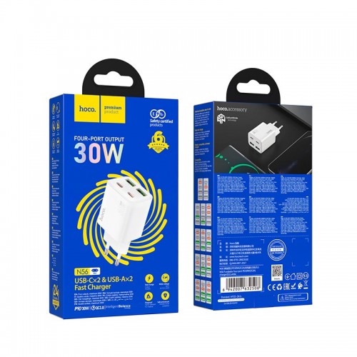 Адаптер сетевой HOCO Fundador four-port charger set N56 |2USB/2Type-C, 30W/3A, PD/QC|
