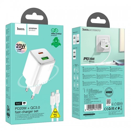 Адаптер мережевий Hoco Type-C to Lightning cable Almighty charger N41 |1USB/1Type-C, 20W/3A, PD/QC| white
