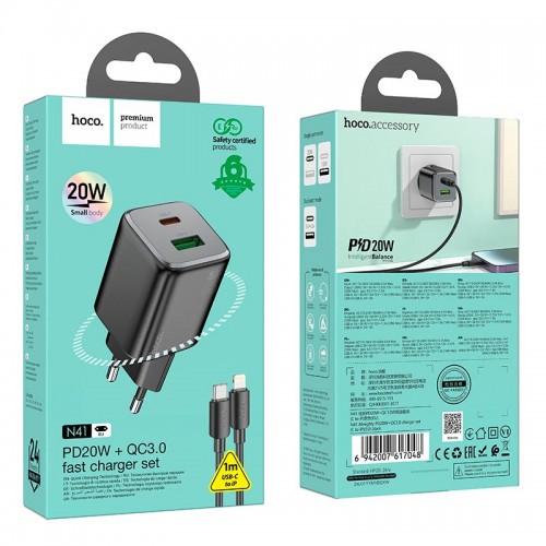 Адаптер мережевий Hoco Type-C to Lightning cable Almighty charger N41 |1USB/1Type-C, 20W/3A, PD/QC| white