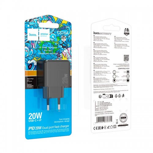 Адаптер мережевий HOCO Wish two-way charger CS16A |1Type-C/1Lightning, 20W/3A| black