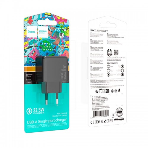 Адаптер мережевий HOCO Wish single port multi-protocol charger CS17A |1USB, 22.5W/3A| black
