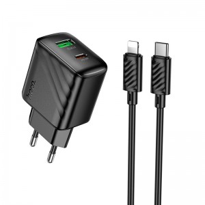 Адаптер мережевий Hoco Type-C to Lightning Cable Rico charger set CS25A |1USB/1Type-C, 20W/3A| black