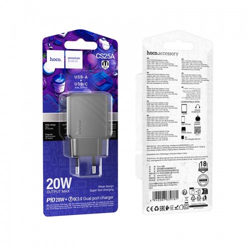 Адаптер сетевой HOCO Rico charger CS25A |1USB/1Type-C, 20W/3A|