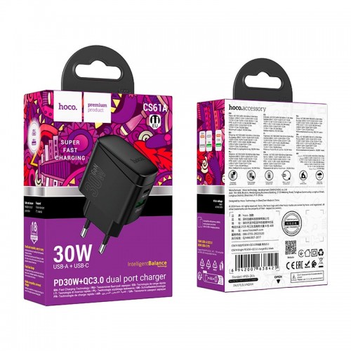 Адаптер мережевий Hoco Bright charger CS61A |1USB/1Type-C, 30W/3A| black