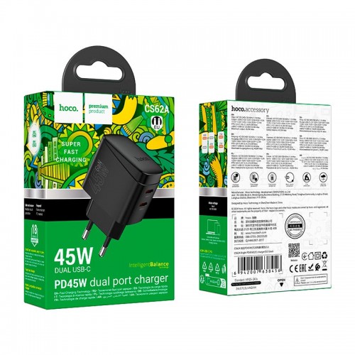 Адаптер мережевий HOCO Bright PD charger CS62A |2Type-C, 45W/3A| black