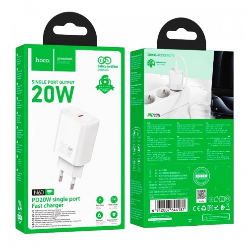 Адаптер мережевий HOCO gentle single port charger N60 |1Type-C, 20W/3A, PD/QC| black