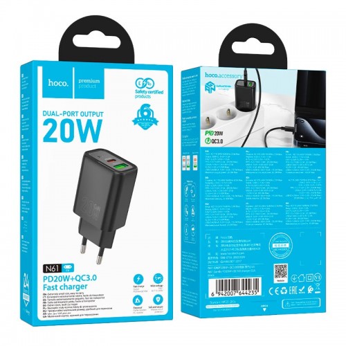 Адаптер мережевий HOCO Gentle charger N61 |1USB/1Type-C, 20W/3A, PD/QC| black