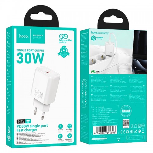 Адаптер мережевий HOCO gentle single port charger N62 |1Type-C, 30W/3A, PD/QC| black