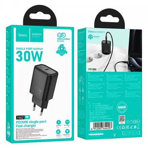Адаптер мережевий HOCO gentle single port charger N62 |1Type-C, 30W/3A, PD/QC| black