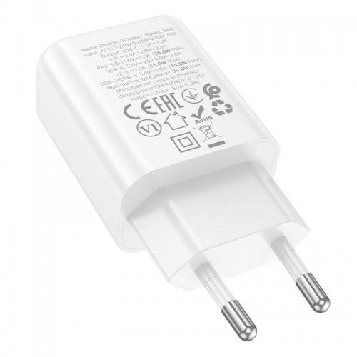 Адаптер мережевий HOCO Gentle charger N63 |1USB/1Type-C, 30W/3A, PD/QC| white