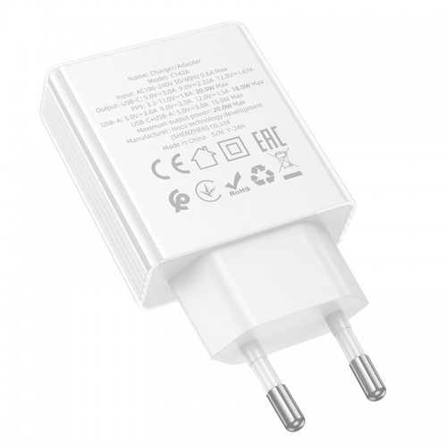 Адаптер мережевий HOCO Direct charger C142A |1USB/1Type-C, 20W/3A, PD/QC| white