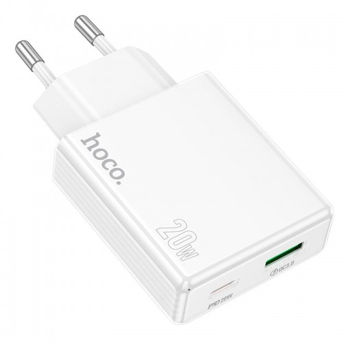 Адаптер мережевий HOCO Direct charger C142A |1USB/1Type-C, 20W/3A, PD/QC| white